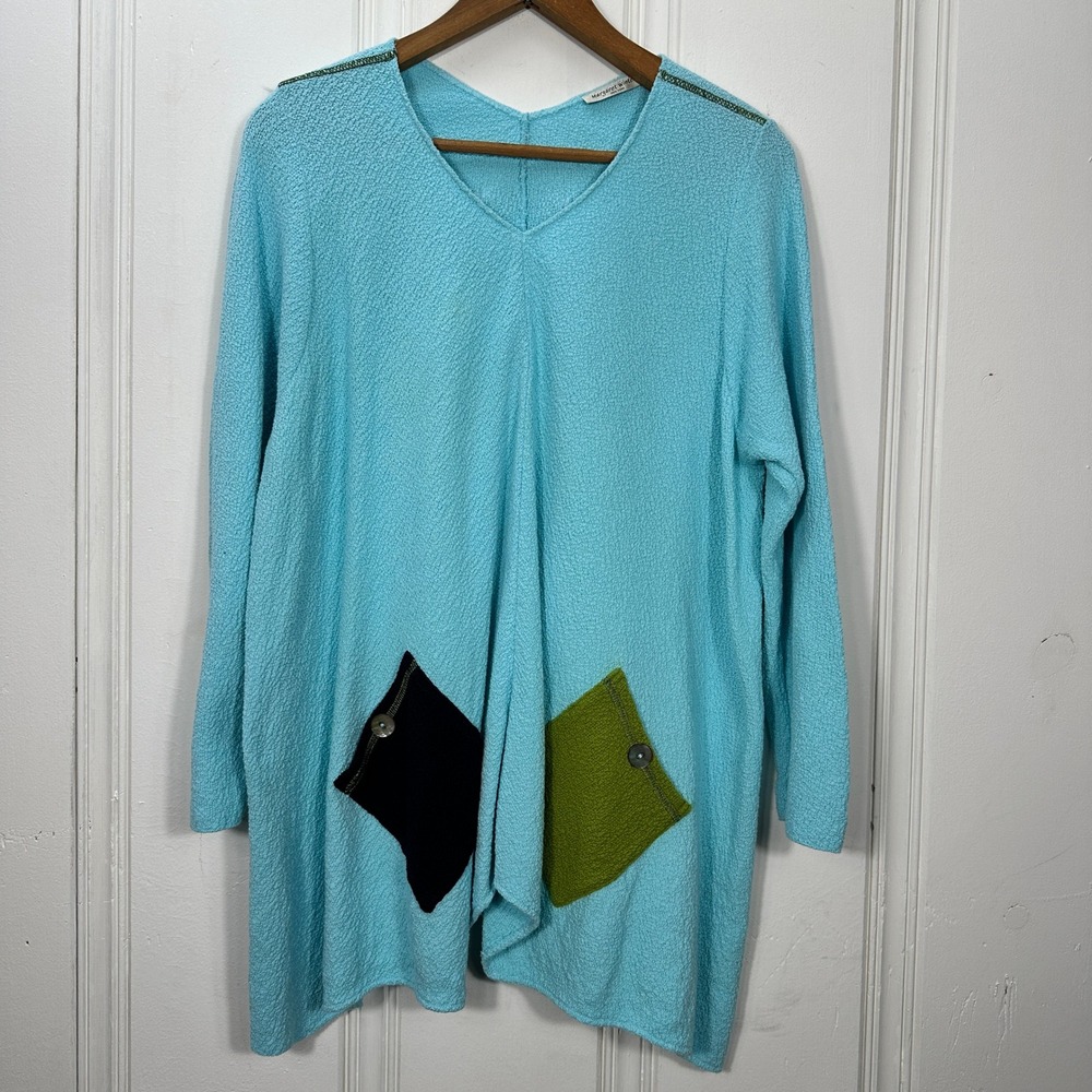 Margaret Winters Tunic Top Pockets Small Blue Colorblock Lagenlook Cotton Knit